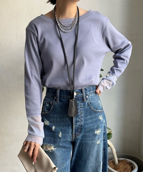 DouDou（ドゥドゥ）の「袖シアーリブTEE（Tシャツ/カットソー・レディース・ブルー系その他/オフホワイト/ネイビー/ライトグレー・FREE）」の4枚目の写真