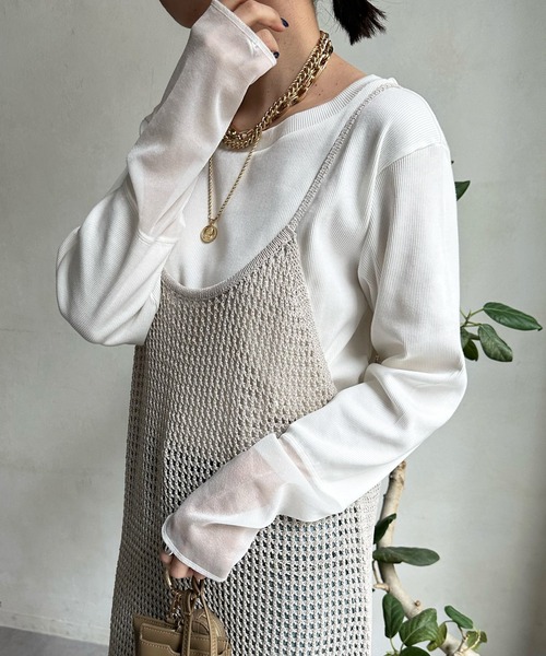 DouDou（ドゥドゥ）の「袖シアーリブTEE（Tシャツ/カットソー・レディース・ブルー系その他/オフホワイト/ネイビー/ライトグレー・FREE）」の2枚目の写真