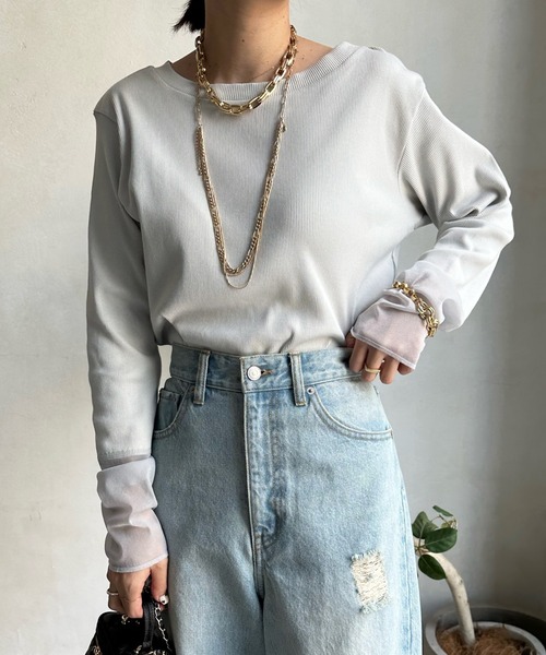 DouDou（ドゥドゥ）の「袖シアーリブTEE（Tシャツ/カットソー・レディース・ブルー系その他/オフホワイト/ネイビー/ライトグレー・FREE）」の3枚目の写真