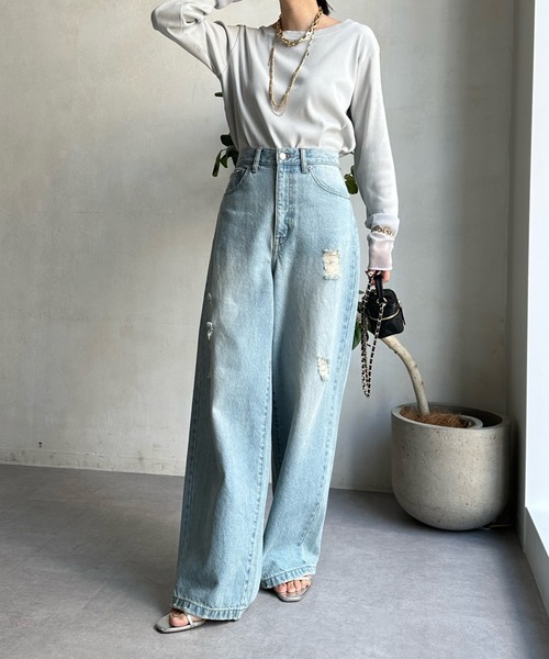 DouDou（ドゥドゥ）の「袖シアーリブTEE（Tシャツ/カットソー・レディース・ブルー系その他/オフホワイト/ネイビー/ライトグレー・FREE）」の17枚目の写真