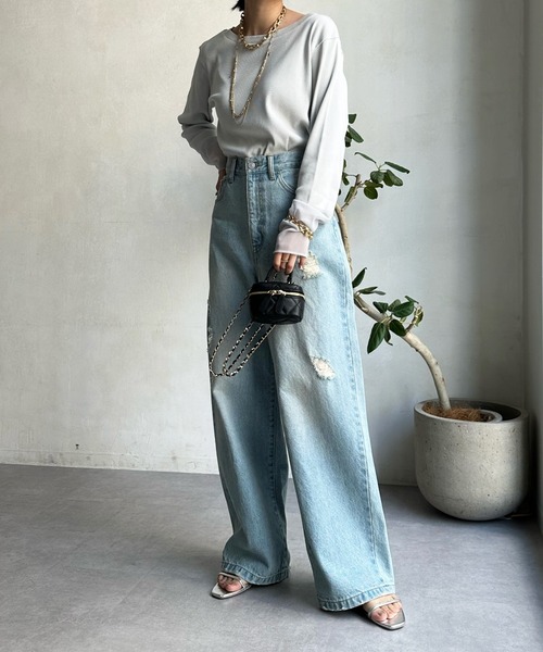 DouDou（ドゥドゥ）の「袖シアーリブTEE（Tシャツ/カットソー・レディース・ブルー系その他/オフホワイト/ネイビー/ライトグレー・FREE）」の18枚目の写真