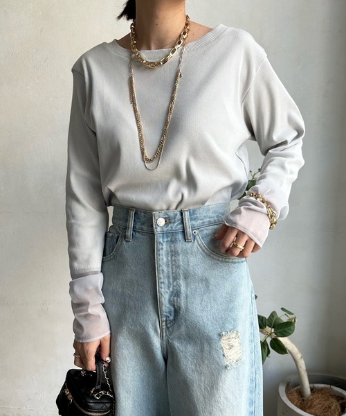 DouDou（ドゥドゥ）の「袖シアーリブTEE（Tシャツ/カットソー・レディース・ブルー系その他/オフホワイト/ネイビー/ライトグレー・FREE）」の20枚目の写真