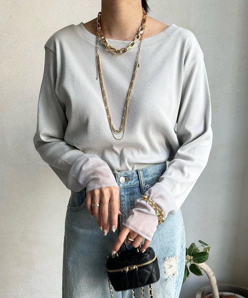 DouDou（ドゥドゥ）の「袖シアーリブTEE（Tシャツ/カットソー・レディース・ブルー系その他/オフホワイト/ネイビー/ライトグレー・FREE）」の22枚目の写真