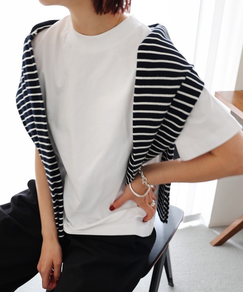 evernavy(エバーネイビー)の「モックネック半袖Tシャツ(Tシャツ/カットソー・レディース・ネイビー/ブラック/ホワイト・M)」の9枚目の写真