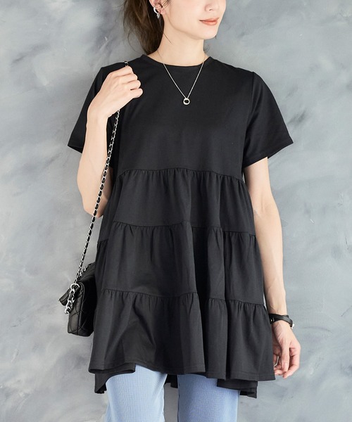 【セール】ティアードチュニック 半袖 チュニック丈トップス チュニック Tシャツ ティアード フリル トップス 体形カバー ゆったり 大人 ...