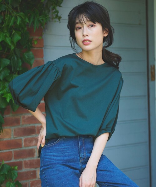 ANY(エニィ)の「シルケットスムースパフスリーブトップス(Tシャツ/カットソー・レディース・ワイン系/グリーン系/黄土色系/グレー系/ライトグレー系・3/2)」の4枚目の写真