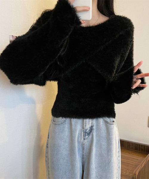 Jewelobe(ジュエローブ)の「シャギーニットカシュクールボレロ&イレヘムキャミソールアンサンブル(ニット/セーター・レディース・グレー/ホワイト/ブラック・FREE)」の1枚目の写真