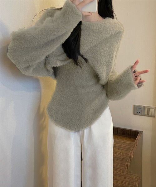 Jewelobe(ジュエローブ)の「シャギーニットカシュクールボレロ&イレヘムキャミソールアンサンブル(ニット/セーター・レディース・グレー/ホワイト/ブラック・FREE)」の5枚目の写真