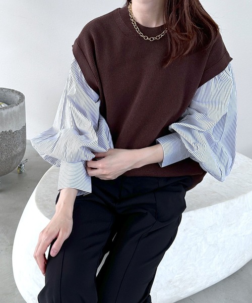 LEPSIM（レプシィム）の「12ゲージ袖パフ切り替えプルオーバー　961530（ニット/セーター・レディース・ブラウン系その他/ブラウン/オレンジ/ブラック・FREE）」の2枚目の写真