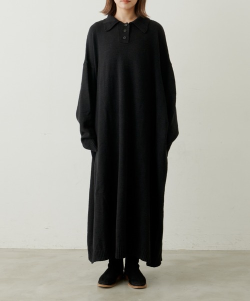 Libra Cue(リブラ キュー)の「ポロニットワンピース(ワンピース・レディース・グレー/ブラック/オフホワイト・FREE)」の4枚目の写真