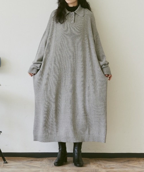 Libra Cue(リブラ キュー)の「ポロニットワンピース(ワンピース・レディース・グレー/ブラック/オフホワイト・FREE)」の8枚目の写真