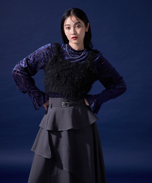 エルノデメヴィ オパールベロアフレアスリーブトップス ネイビー オパールベロアフレアスリーブトップス（Tシャツ/カットソー