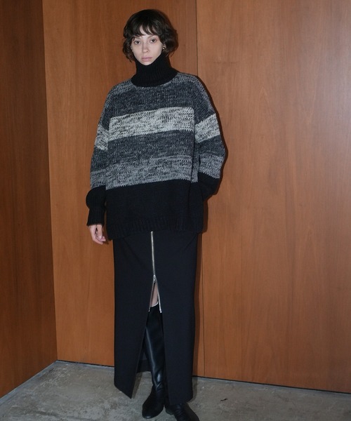 CLANE(クラネ) GRADATION BORDER WIDE KNIT TOPSタートルネック