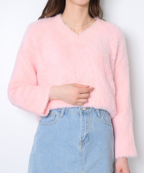 Flowering Korea（フラワーリングコリア）の「Vネックシャギーニット（ニット/セーター・レディース・ホワイト/ミント/イエロー/ピンク・FREE）」の14枚目の写真