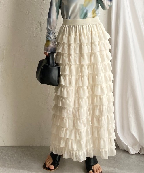 She's Closet(シーズクローゼット)の「ハイウエストタイトロングIラインシフォンカットフリルスカート(スカート・レディース・アイボリー/ブラック・FREE)」の2枚目の写真