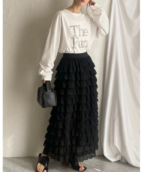 She's Closet(シーズクローゼット)の「ハイウエストタイトロングIラインシフォンカットフリルスカート(スカート・レディース・アイボリー/ブラック・FREE)」の7枚目の写真