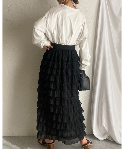 She's Closet(シーズクローゼット)の「ハイウエストタイトロングIラインシフォンカットフリルスカート(スカート・レディース・アイボリー/ブラック・FREE)」の8枚目の写真