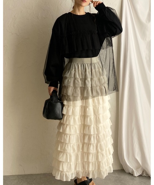 She's Closet(シーズクローゼット)の「ハイウエストタイトロングIラインシフォンカットフリルスカート(スカート・レディース・アイボリー/ブラック・FREE)」の9枚目の写真