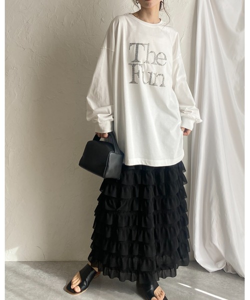 She's Closet(シーズクローゼット)の「ハイウエストタイトロングIラインシフォンカットフリルスカート(スカート・レディース・アイボリー/ブラック・FREE)」の12枚目の写真