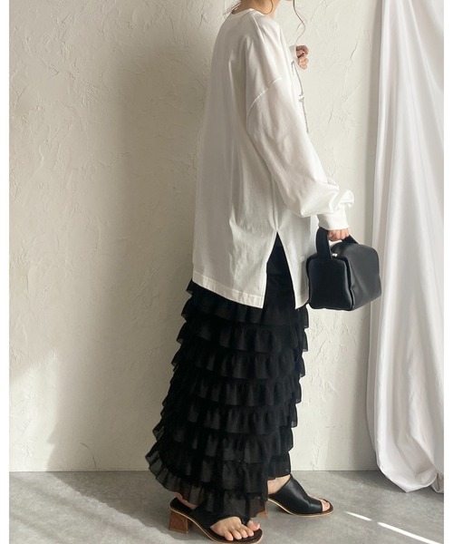 She's Closet(シーズクローゼット)の「ハイウエストタイトロングIラインシフォンカットフリルスカート(スカート・レディース・アイボリー/ブラック・FREE)」の13枚目の写真