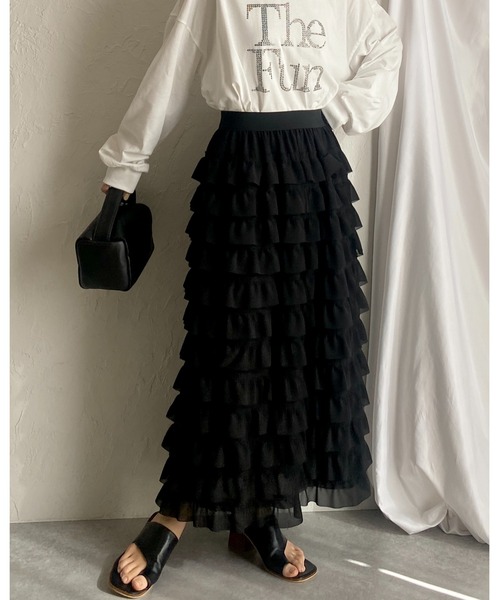 She's Closet(シーズクローゼット)の「ハイウエストタイトロングIラインシフォンカットフリルスカート(スカート・レディース・アイボリー/ブラック・FREE)」の16枚目の写真