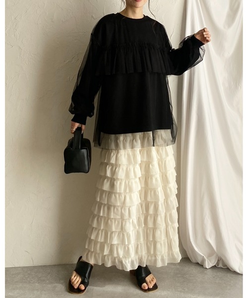 She's Closet(シーズクローゼット)の「ハイウエストタイトロングIラインシフォンカットフリルスカート(スカート・レディース・アイボリー/ブラック・FREE)」の17枚目の写真