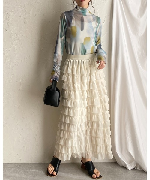 She's Closet(シーズクローゼット)の「ハイウエストタイトロングIラインシフォンカットフリルスカート(スカート・レディース・アイボリー/ブラック・FREE)」の19枚目の写真