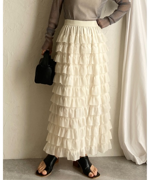 セール】ハイウエストタイトロングIラインシフォンカットフリル