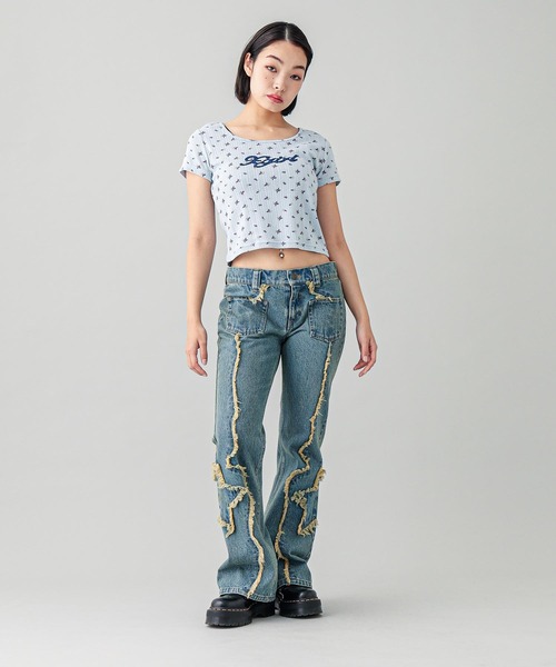 X-girl（エックスガール）の「HIBISCUS S/S BABY TOP（Tシャツ/カットソー・レディース・ライトブルー/ホワイト・S/M）」の6枚目の写真