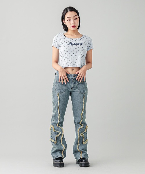 X-girl（エックスガール）の「HIBISCUS S/S BABY TOP（Tシャツ/カットソー・レディース・ライトブルー/ホワイト・S/M）」の7枚目の写真