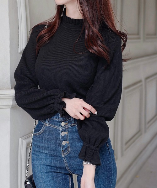 mily bilet（ミウィビレット）の「【mily bilet】上品さ漂う大人フェミニン。衿フリルキャンディースリーブニットトップス（ニット/セーター・レディース・モカ/グレー/アイボリー/ブラック・X-LARGE/SMALL/MEDIUM/LARGE）」の14枚目の写真