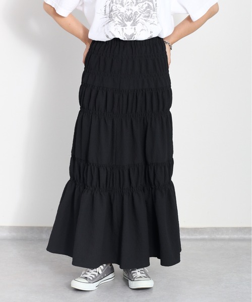 cepo(セポ)の「リサイクルポリサッカー シャーリングスカート<セットアップ可能>(スカート・レディース・ブラック/ブラック×ホワイト/オリーブ・M)」の1枚目の写真