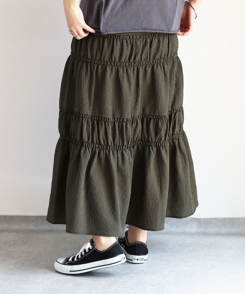 cepo(セポ)の「リサイクルポリサッカー シャーリングスカート<セットアップ可能>(スカート・レディース・ブラック/ブラック×ホワイト/オリーブ・M)」の13枚目の写真