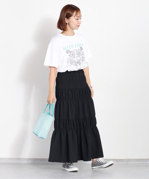 cepo(セポ)の「リサイクルポリサッカー シャーリングスカート<セットアップ可能>(スカート・レディース・ブラック/ブラック×ホワイト/オリーブ・M)」の9枚目の写真