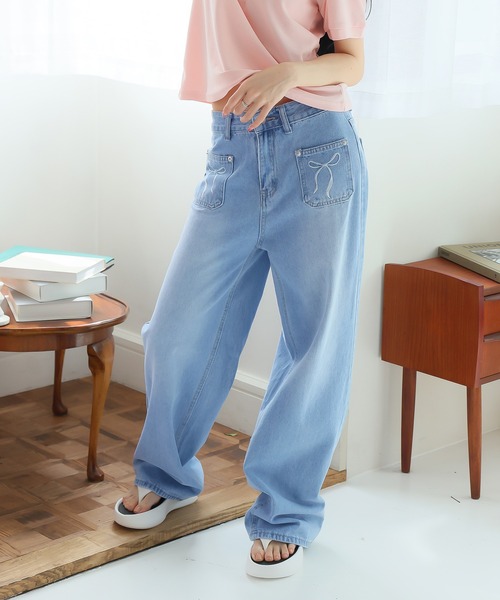 Girly Doll（ガーリードール）の「リボン刺繍ワイドデニムパンツ（デニムパンツ・レディース・ブルー・S/M/L）」の6枚目の写真