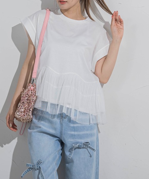 VICKY（ビッキー）の「【気映えトップス】チュールドッキングトップス≪洗濯機で洗える≫（Tシャツ/カットソー・レディース・グリーン/ブラック/ホワイト・M）」の2枚目の写真