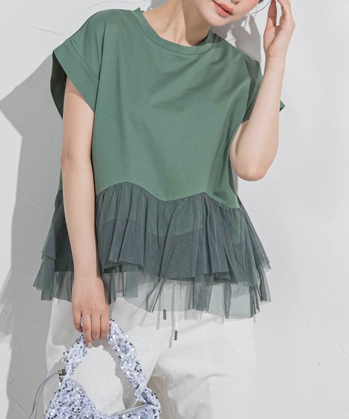 VICKY（ビッキー）の「【気映えトップス】チュールドッキングトップス≪洗濯機で洗える≫（Tシャツ/カットソー・レディース・グリーン/ブラック/ホワイト・M）」の3枚目の写真