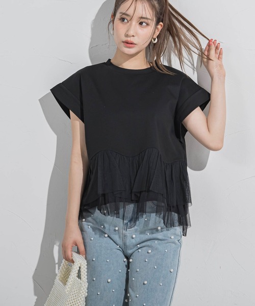 VICKY（ビッキー）の「【気映えトップス】チュールドッキングトップス≪洗濯機で洗える≫（Tシャツ/カットソー・レディース・グリーン/ブラック/ホワイト・M）」の11枚目の写真