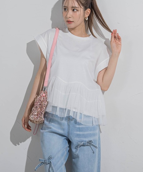 VICKY（ビッキー）の「【気映えトップス】チュールドッキングトップス≪洗濯機で洗える≫（Tシャツ/カットソー・レディース・グリーン/ブラック/ホワイト・M）」の4枚目の写真