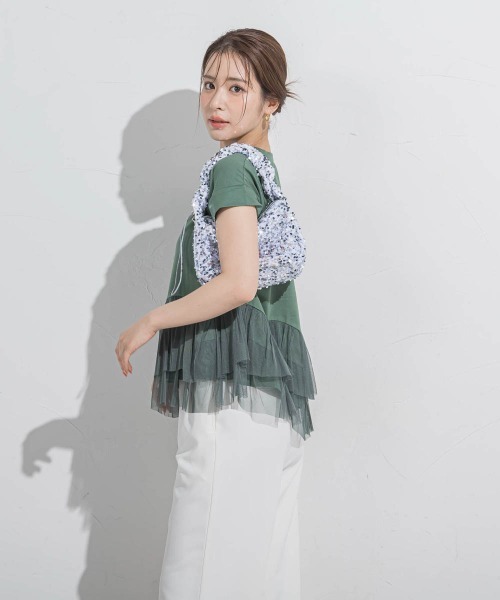 VICKY（ビッキー）の「【気映えトップス】チュールドッキングトップス≪洗濯機で洗える≫（Tシャツ/カットソー・レディース・グリーン/ブラック/ホワイト・M）」の21枚目の写真