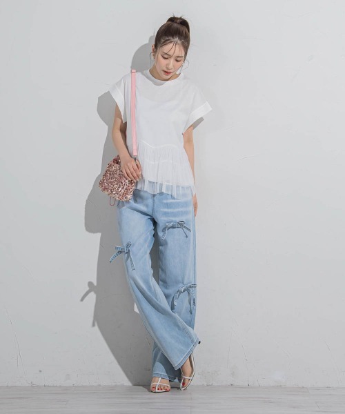 VICKY（ビッキー）の「【気映えトップス】チュールドッキングトップス≪洗濯機で洗える≫（Tシャツ/カットソー・レディース・グリーン/ブラック/ホワイト・M）」の7枚目の写真