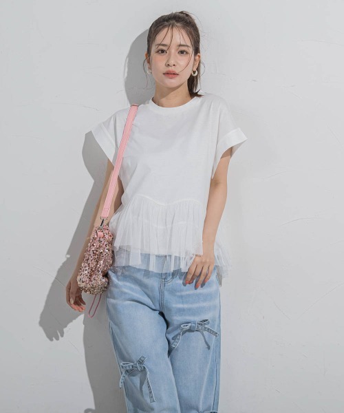 VICKY（ビッキー）の「【気映えトップス】チュールドッキングトップス≪洗濯機で洗える≫（Tシャツ/カットソー・レディース・グリーン/ブラック/ホワイト・M）」の6枚目の写真