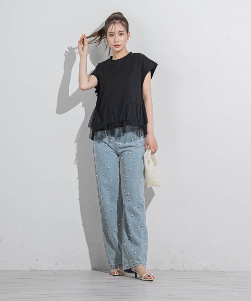 VICKY（ビッキー）の「【気映えトップス】チュールドッキングトップス≪洗濯機で洗える≫（Tシャツ/カットソー・レディース・グリーン/ブラック/ホワイト・M）」の18枚目の写真