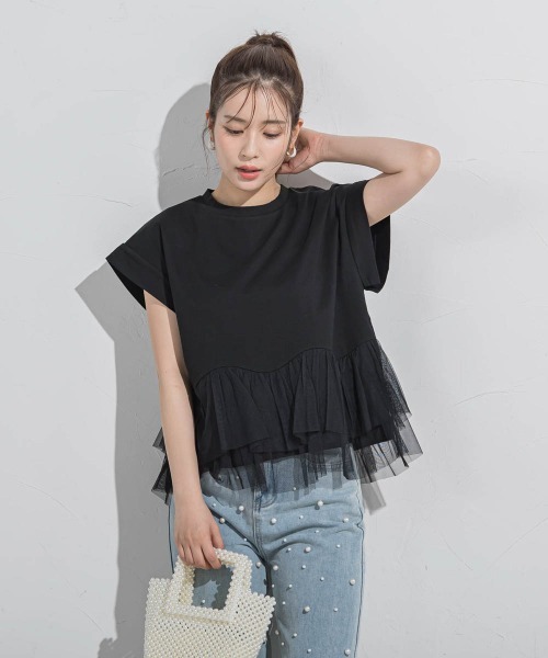 VICKY（ビッキー）の「【気映えトップス】チュールドッキングトップス≪洗濯機で洗える≫（Tシャツ/カットソー・レディース・グリーン/ブラック/ホワイト・M）」の13枚目の写真