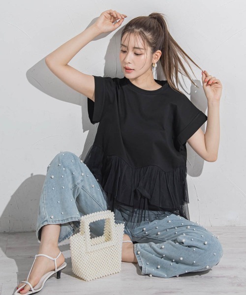 VICKY（ビッキー）の「【気映えトップス】チュールドッキングトップス≪洗濯機で洗える≫（Tシャツ/カットソー・レディース・グリーン/ブラック/ホワイト・M）」の12枚目の写真