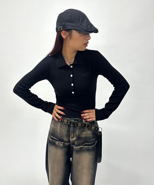 WHO'S WHO gallery(フーズフーギャラリー)の「【SLOPPY/スロッピー】長袖ニットポロ(ニット/セーター・レディース・ボルドー/ブラック/ネイビー/ダークグリーン/チャコールグレー/グレー/オフホワイト・FREE)」の3枚目の写真