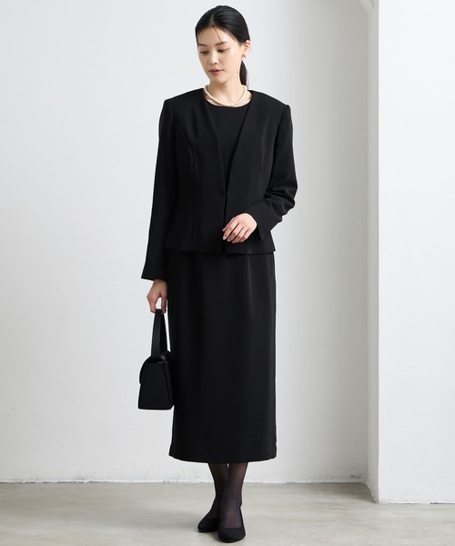 【喪服礼服】スタンドネックジャケット ウエストゴムワンピース ブラックフォーマル セール】【喪服・礼服】マシンウォッシャブル ノーカラーVネック