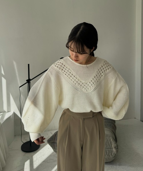 I_am（アイアム）の「balloon sleeve crochet design knit / バルーンスリーブクロシェデザインニット（ニット/セーター・レディース・ベージュ/アイボリー・FREE）」の4枚目の写真