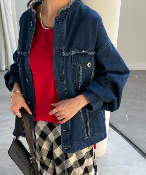 フリンジデニム ノーカラージャケット（デニムジャケット）｜HUG.U