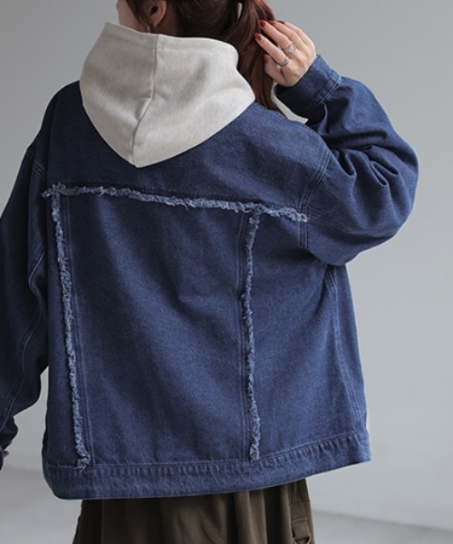 フリンジデニム ノーカラージャケット（デニムジャケット）｜HUG.U